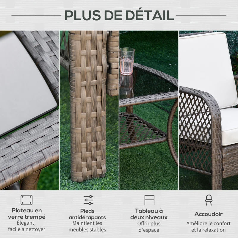 Outsunny Salon de jardin 4 places 4 pièces style colonial table basse coussins beige inclus résine tressée marron clair