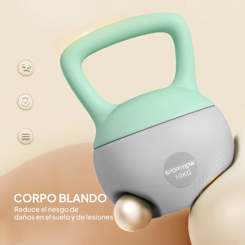 SPORTNOW Pesa Rusa 10 kg Kettlebell Relleno de Arena Metálica Mango Antideslizante para Entrenar en Casa 21x21x30cm Verde y Gris