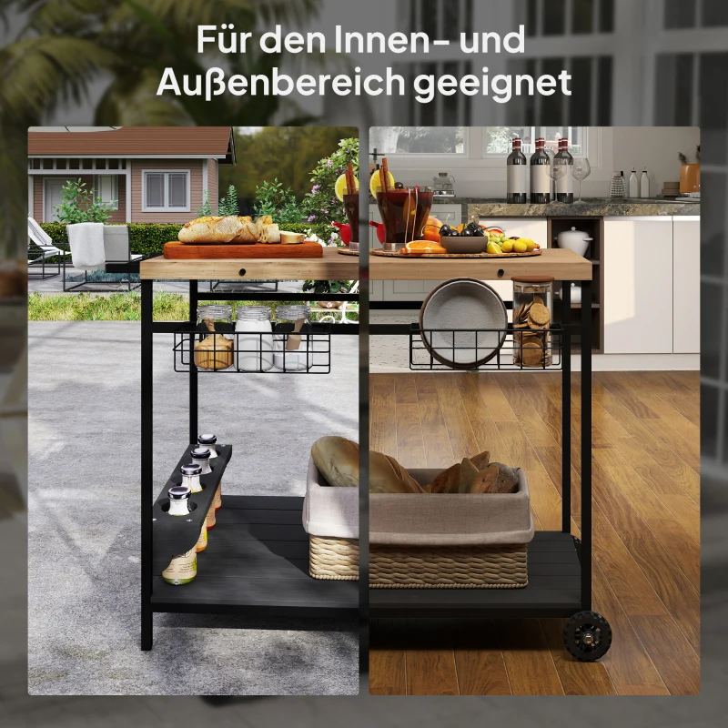Outsunny Serveerwagen, Keukentrolley, 2 niveaus, 4 flessenhouders, Binnen/Buiten, Natuur/Zwart