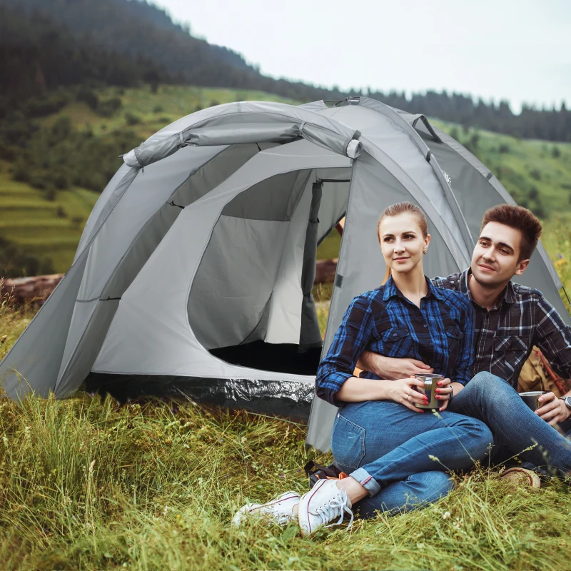 Outsunny Tenda da Campeggio a Cupola per 2 Persone Estensibile, 4 Porte e 3 Finestre, 350x220x145cm, Grigio