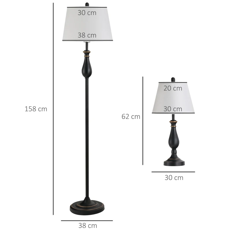 HOMCOM 3er-Set Stehlampen-Set inkl. 2 Tischleuchten, 1 Stehleuchte, Tischlampen-Set mit E27 Fassung, Lampenschirm aus Leinen Standlampe für Wohnzimmer, Schlafzimmer, Weiß+Schwarz