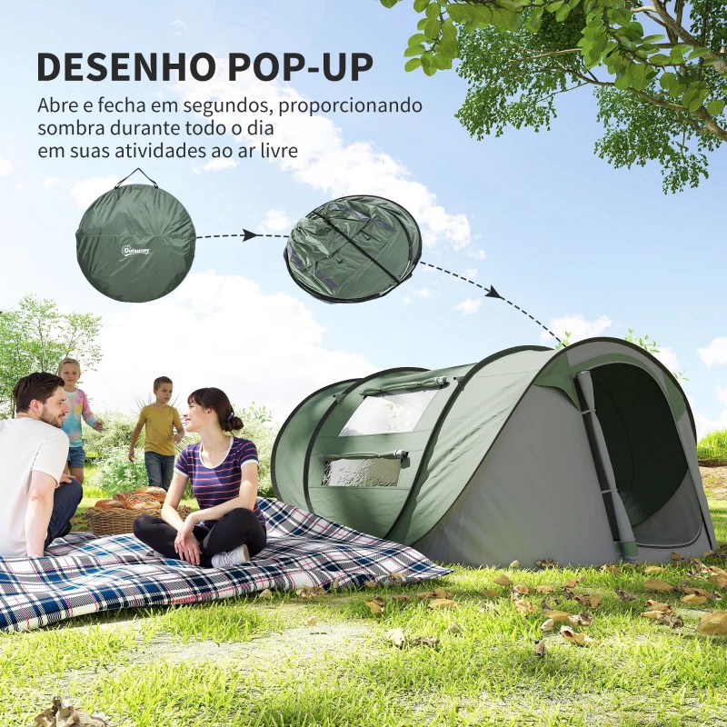 Outsunny Tenda de Campismo Pop-up para 2-3 Pessoas Tenda de Campismo com Janelas Impermeável Anti-UV 263,5x220x123 cm Verde e Cinza