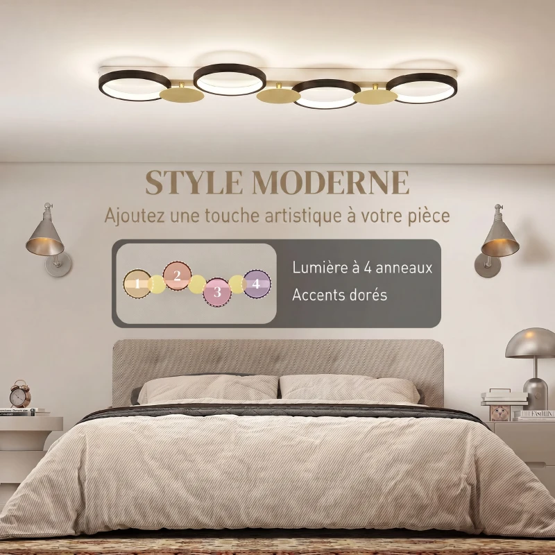 HOMCOM Plafonnier LED 38W, luminaire plafonnier 4 lumières à montage affleurant, télécommande, 100 x 31 x 7 cm, doré et noir