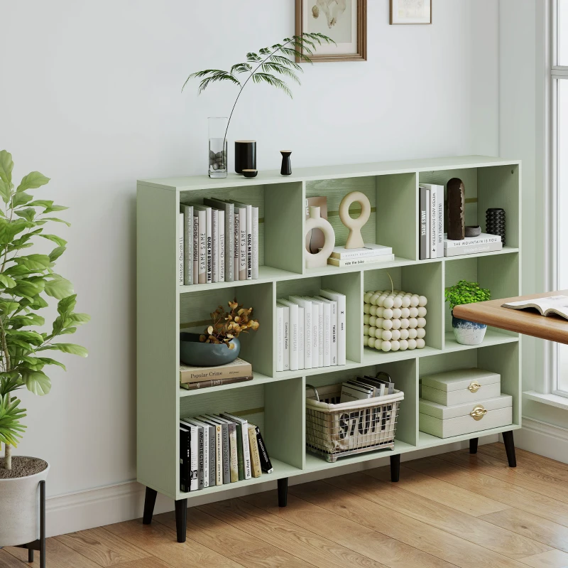 HOMCOM 10-Cube Bookcase, 3-Tier Book Shelf with Solid Wood Legs, 140 cm Modern Bookshelf with Anti-Tip Kit, Light Green