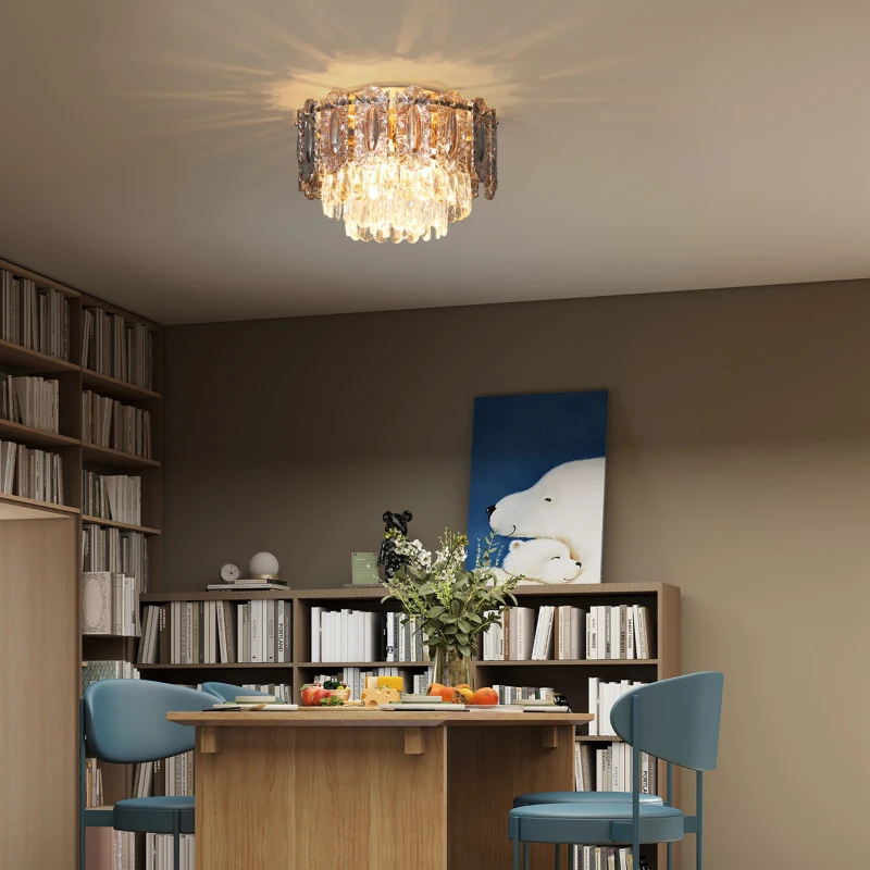 HOMCOM Chandelier Ceiling Light, 3-Light Flush Mount Fixture with Dual Crystal and Smoke Glass Shade, 40 cm LED Ceiling Light for Living Room Bedroom, 3 E14 Sockets, Bulbs Not Included, Gold Tone