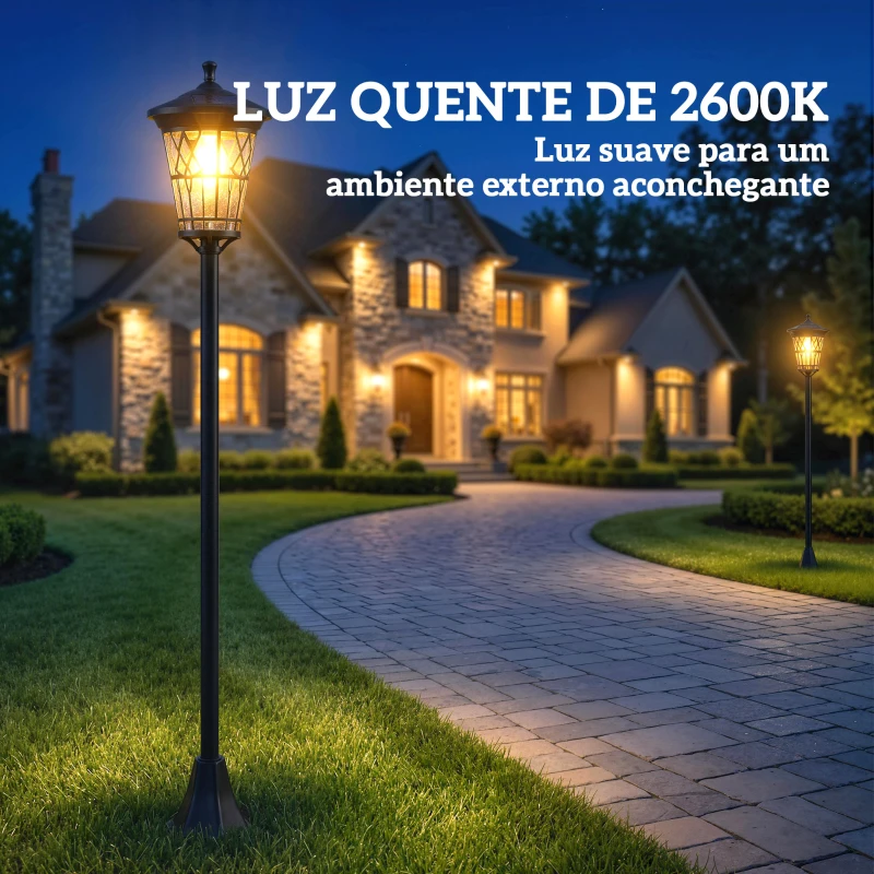 Outsunny Conjunto de 2 Candeeiros Solares de Jardim com Altura Ajustável, 2 Modos de Brilho e IP44 Impermeável para Terraço e Pátio, Preto