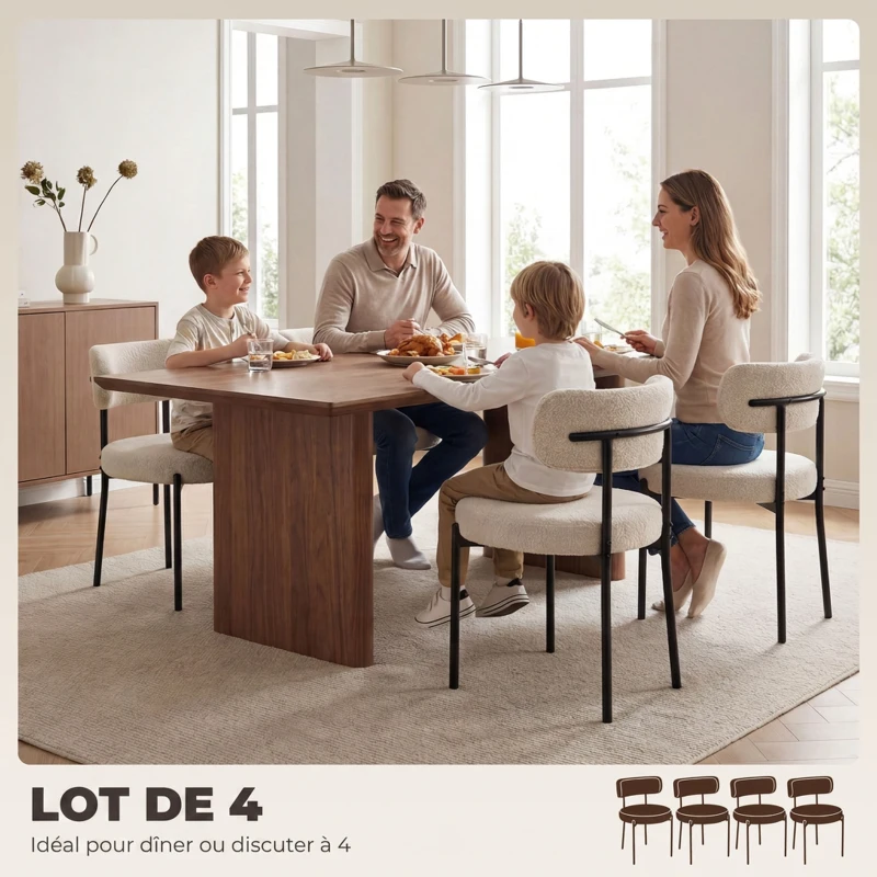 HOMCOM Lot de 4 Chaises Salle à Manger Chaises de Cuisine Rembourrées en Tissu Bouclette Dossier Incurvé Pieds en Acier Beige