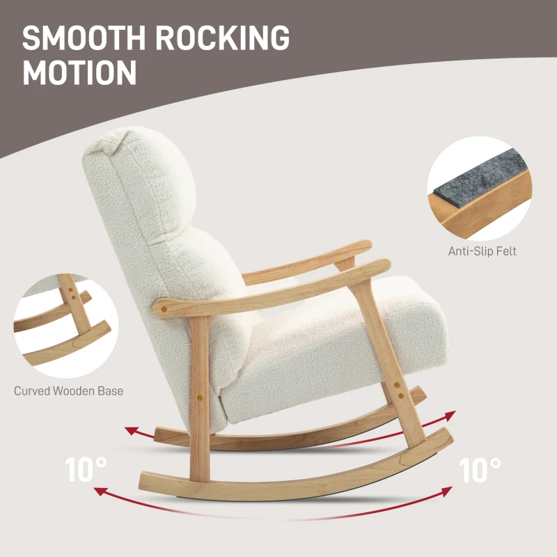 HOMCOM Upholstered Rocking Chair, Teddy Fleece Fabric, High Back, Armrests, Rubberwood Legs, Cream White