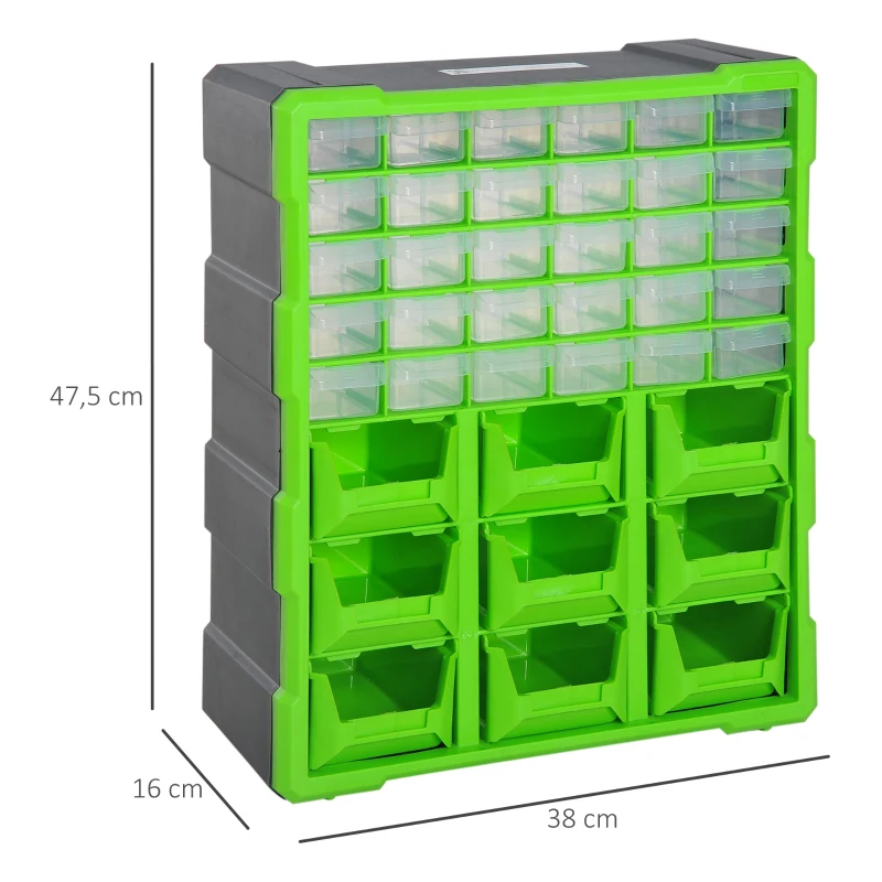 DURHAND Sortierkasten Kleinteilemagazin Teile Box Aufbewahrungsbox 39 Fächer Grün L38 x B16 x H47,5 cm