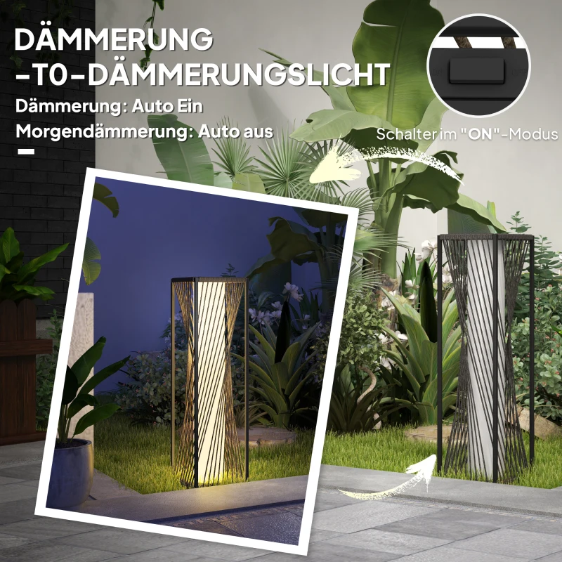 Outsunny Staande Zonnelamp Rattan met Lichtsensor 25 LED Zonnepanelen in Boho-Stijl IP44 Waterdicht Zwart+Grijs