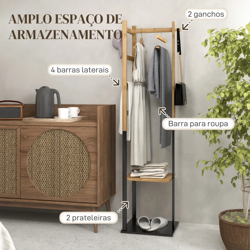 HOMCOM Cabide de Pé de Bambu com 2 Prateleiras 2 Ganchos 5 Barras e Estrutura de Aço 46x28,5x153,5 cm Madeira e Preto