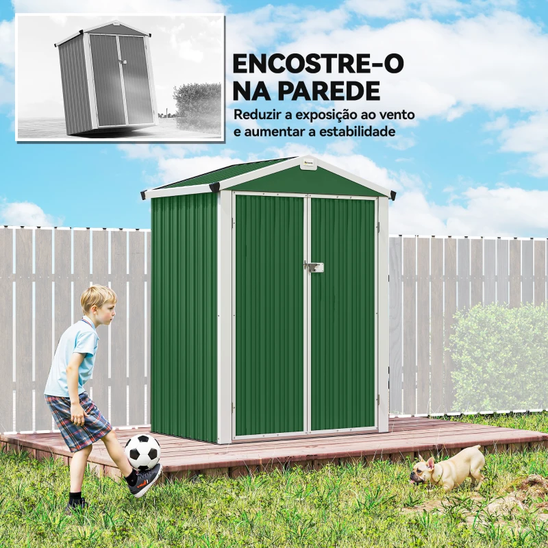 Outsunny Abrigo de Jardim Exterior 1,1 m² 133x87x178 cm com 2 Portas de Abrir, Telhado de Duas Águas e Luvas Verde