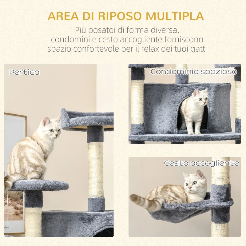 PawHut Albero Tiragraffi per Gatti Alto con Casette e Amache, 60x60x200cm, Grigio Chiaro