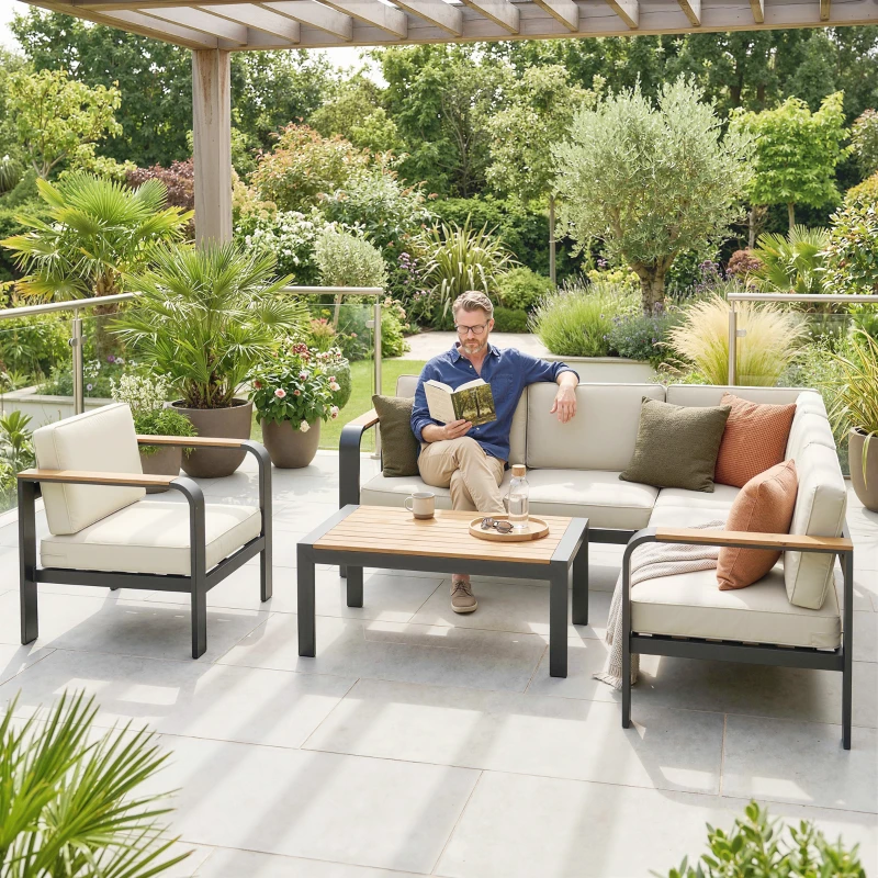 Outsunny 3 Pieces Garden Furniture Set with L-Shaped Sofa, Armchair and Coffee Table, Aluminium Garden Corner Sofa Set