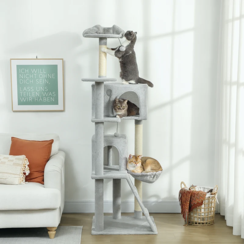 PawHut Arranhador para Gatos com Múltiplas Plataformas Cama 2 Cavernas Rede Escada Postes de Sisal 56x56x180 cm Cinza