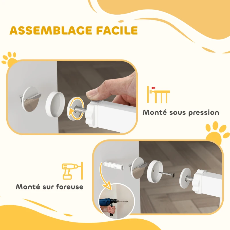 PawHut Barrière de sécurité chien système de double verrouillage montage par pression ou perçage largeur 76-104 cm blanc