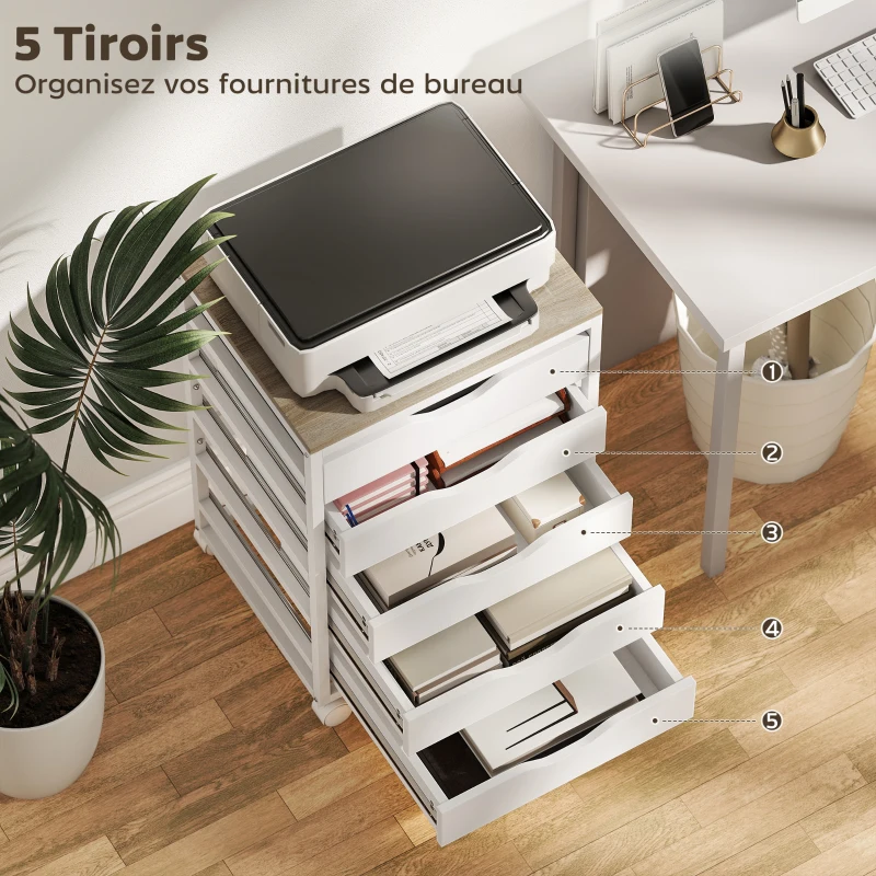 HOMCOM Caisson bureau mobile, meuble rangement sur roulettes bois avec 5 tiroirs, poignées encochées, 50 x 40 x 74,5 cm , blanc