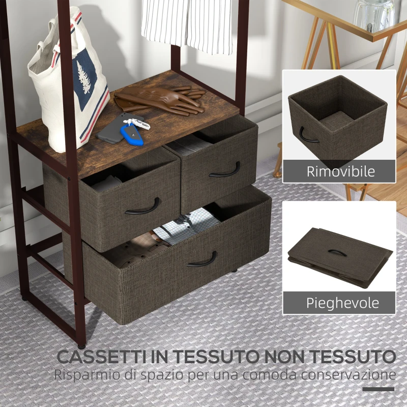 HOMCOM Appendiabiti da Terra con Asta, 3 Cassetti e Ripiani, in Legno MDF e Acciaio, 58.5x30x178 cm, Marrone