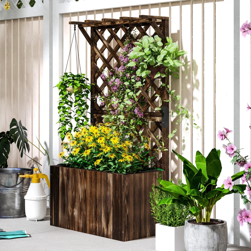 Outsunny Plantenbak met spaljé, houten bloembak, tuinspaljé 64 x 33 x 122 cm Verkoold