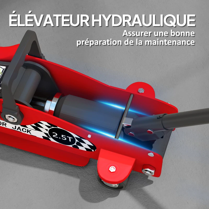 HOMCOM Cric hydraulique, cric de manœuvre extra plat charge max 2500 kg, plage de levage 80-360 mm, 53 x 20,5 x 17,5 cm, rouge