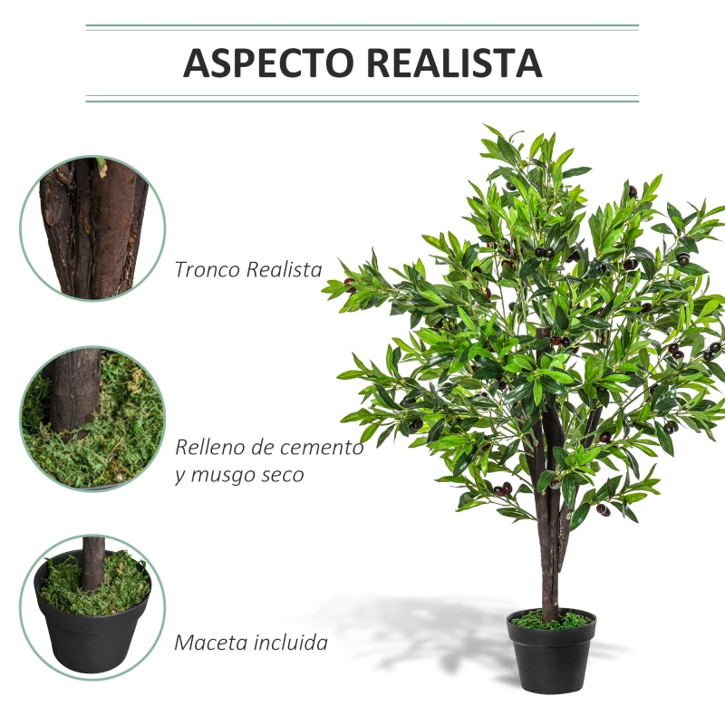 Outsunny Planta Artificial 120 cm de Altura Árbol de Olivo Sintético con 1080 Hojas Realistas y 108 Frutos Verde