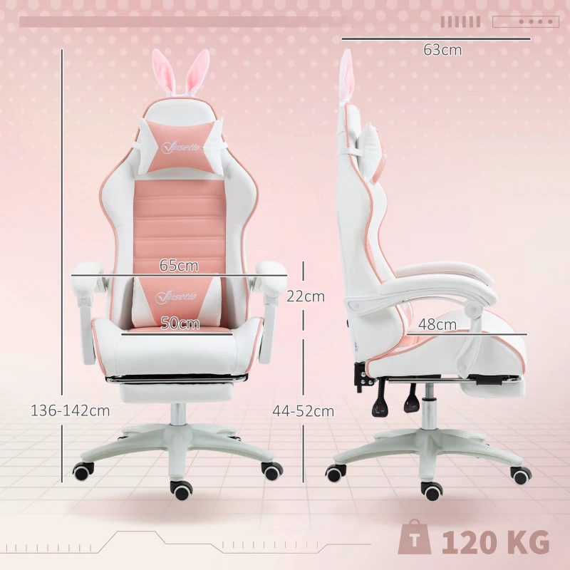 Vinsetto Cadeira Gaming Giratória de Couro PU com Altura Ajustável Inclinável 135° Apoio para a Cabeça 65x63x136-142 cm Rosa e Preto
