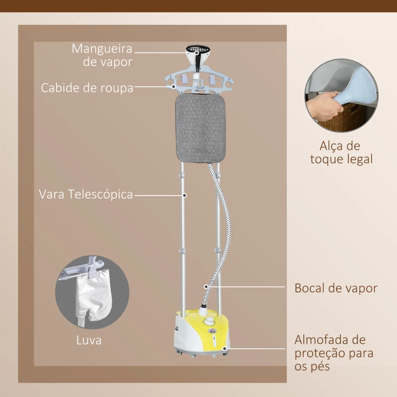 HOMCOM Ferro de Engomar a Vapor 1800W Temperatura Ajustável 11 Níveis Depósito de 2 L Aquecimento em 38s 35x25x47-118,5 cm Amarelo