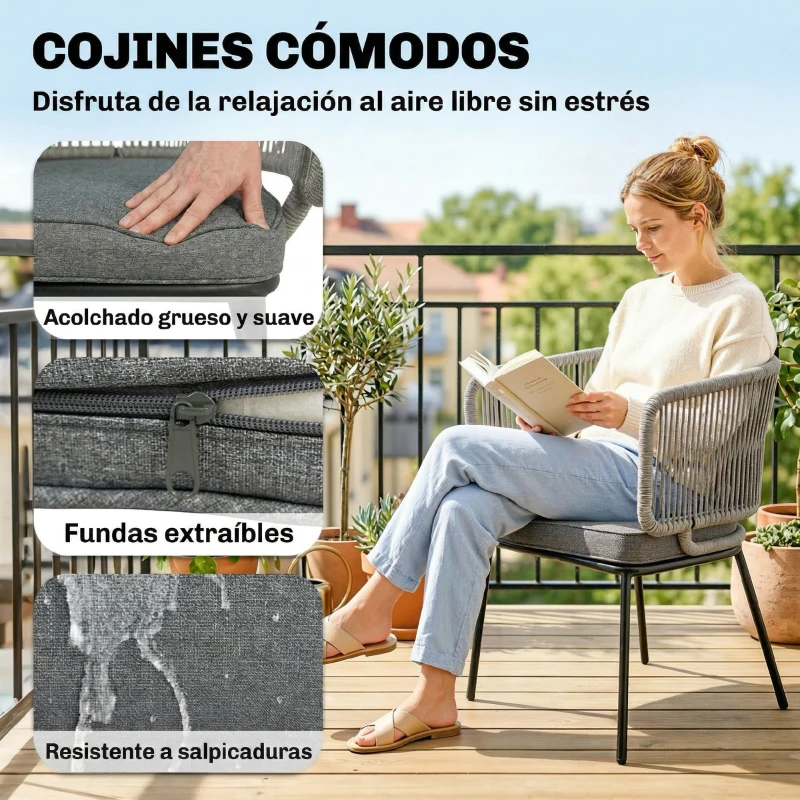 Outsunny Set de 2 Sillas de Jardín Exterior de Ratán con Cojines Reposabrazos y Marco de Acero para Terraza 46x58x72 cm Gris