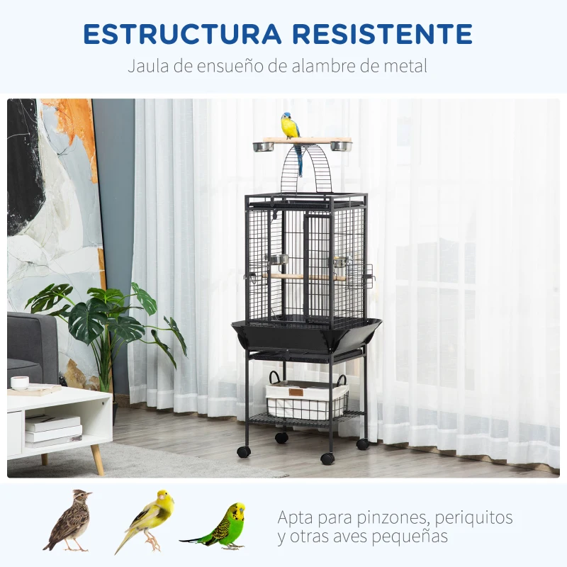 PawHut Jaula para Pájaros Jaula para Loros con Ruedas Perchas Comederos Estante Puente Arqueado y Bandejas Extraíbles Pajarera para Cacatúa Ninfa Cacatúas Cotorras 62,5x62,5x156 cm Gris