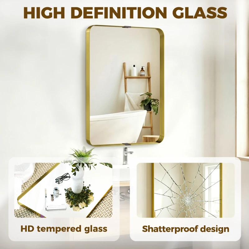 HOMCOM Rectangular Wall Mirror, 90 x 60 cm Wall Mounted Bathroom Mirror w/ Aluminium Alloy Frame and Tempered Glass, Gold Tone