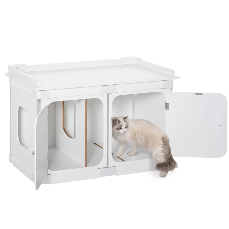 PawHut Wooden Cat Litter Box Enclosure Washroom Toilet Home Cabinet Kitty House Nightstand End Table Magnetic Door Adjustable Partition Board White