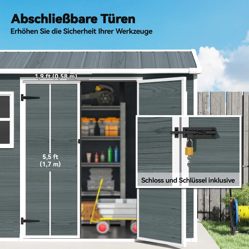 Outsunny Tuinschuur 2,77 m², Opbergschuur met Houtlook 2 Ramen Dubbele Deur Ventilatie Vloer Slot Handschoenen