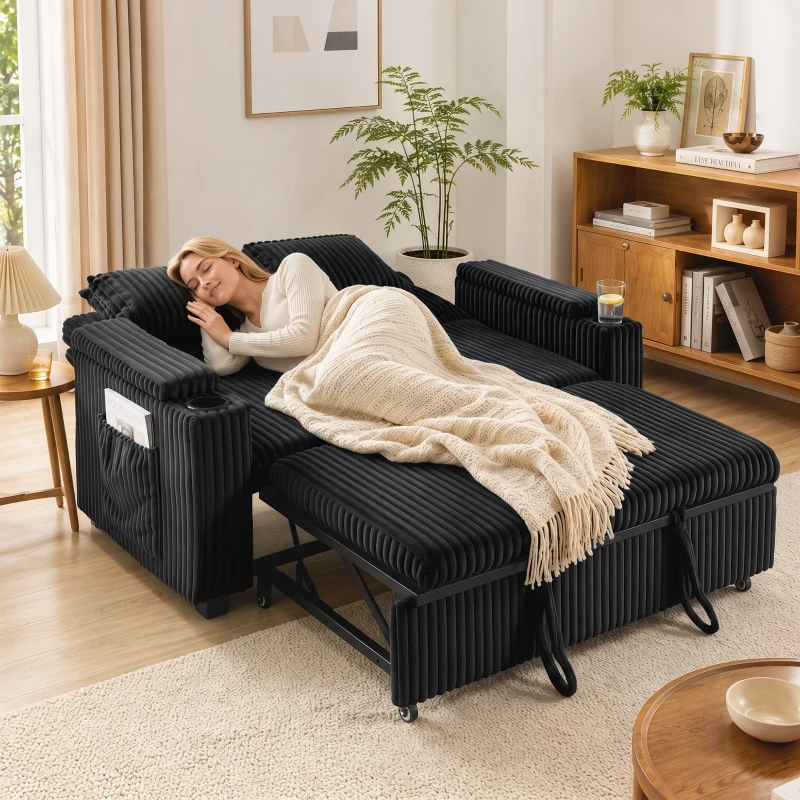 HOMCOM 2 Seater Sofa Bed, Pull Out Sleeper Sofa w/ Adjustable Backrest, Storage Armrests, Cup Holders, Side Pockets, Black