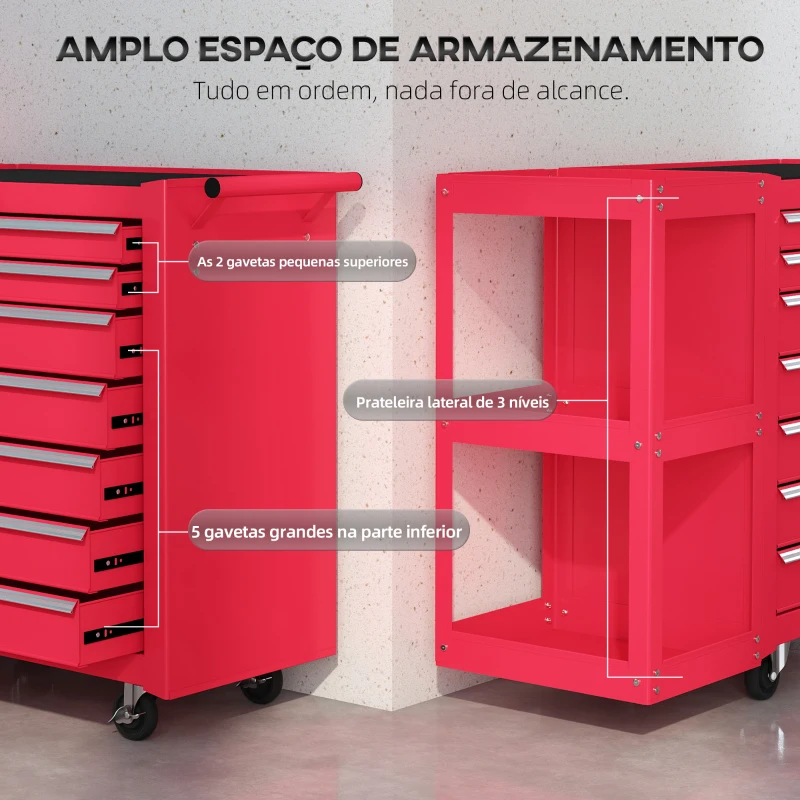 HOMCOM Carrinho de Ferramentas com 7 Gavetas Estante de 3 Níveis Removível Sistema de Fecho Central Asa 2 Rodas com Travão Vermelho