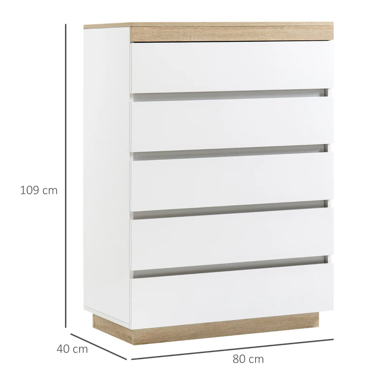 HOMCOM Cassettiera 5 Cassetti Minimal in Legno, 80x40x109 cm, Bianco e color Rovere