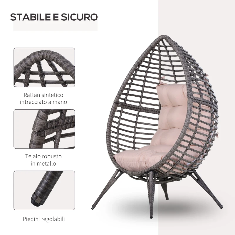 Outsunny Poltrona da Esterno in Rattan a Goccia Stile Boho con Cuscino, 101x89x156cm Grigio e Beige