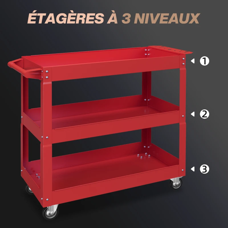 DURHAND Chariot desserte d'atelier acier 3 plateaux sur roulettes avec poignée charge max. 150 kg 83 x 35,3 x 76 cm acier rouge