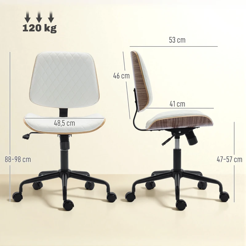 HOMCOM Cadeira de Escritório sem Braços Giratória Estofada em Couro Sintético com Encosto Curvado Assento em Forma de U Altura Ajustável Basculante 48,5x53x88-98 cm Branca