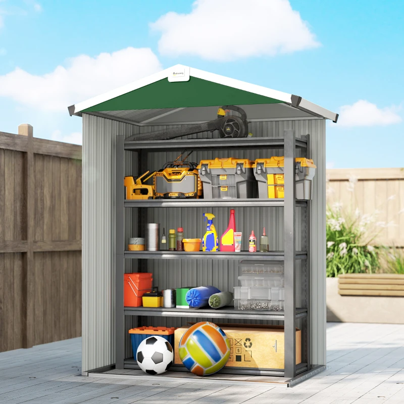 Outsunny Abrigo de Jardim Exterior 1,1 m² 133x87x178 cm com 2 Portas de Abrir, Telhado de Duas Águas e Luvas Verde