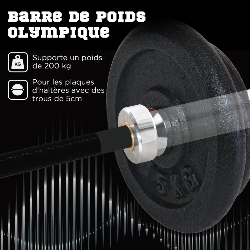 SPORTNOW Barre d'haltères en acier 180 cm Ø50 mm avec 2 pinces Charge 200 kg Barre de musculation pour disques Ø5 cm Fitness