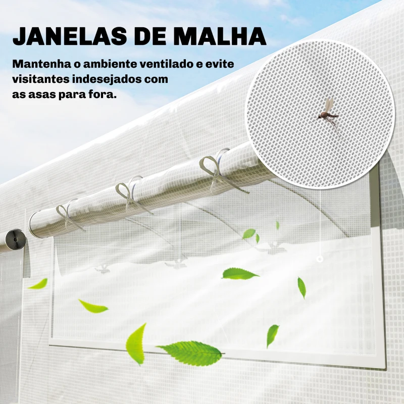 Outsunny Estufa Túnel 6x3x2 m com 3 Portas Enroláveis, 6 Janelas com Rede e Estrutura de Aço Galvanizado Branco