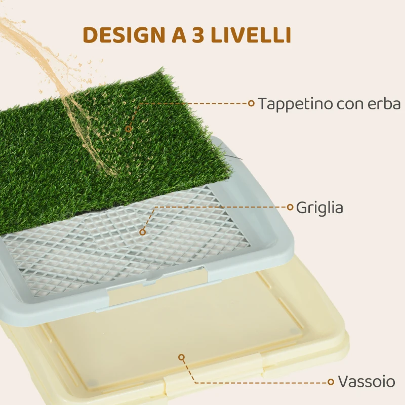 PawHut Lettiera per Cani 3 Strati con Prato Sintetico, Griglia e Vassoio Inferiore, 46.5x34x5.5 cm