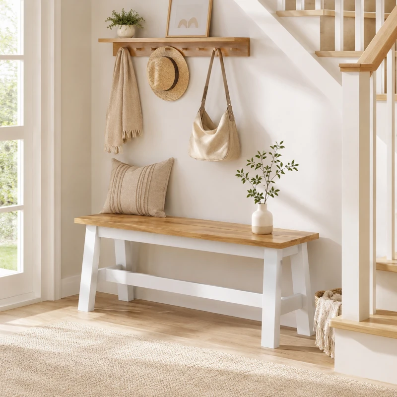 HOMCOM Zitbank voor 2, Houten Bank in Eikenlook, Stabiliserende Dwarsbalk, voor Woonkamer, Eetkamer, Hal, Rubberhout, Wit