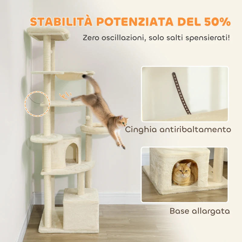 PawHut Albero per Gatti Alto 200 cm Multilivello con 2 Casette, 2 Lettini e Amaca, Struttura per 2-3 Gatti, Beige