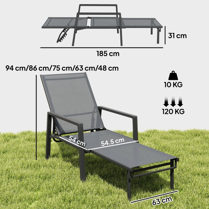 Outsunny Sun Loungers Set of 2 Retractable Footrest 5-Position Adjustable Steel Frame for Beach, Porch, Patio, Camping, Dark Grey