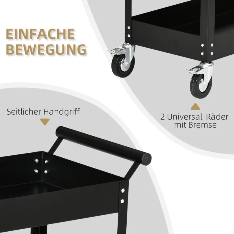 DURHAND Gereedschapswagen, 2 niveaus, wagen, 4 wielen, staal, tot 150 kg, 84,5 x 38 x 84 cm, Zwart(m-5)