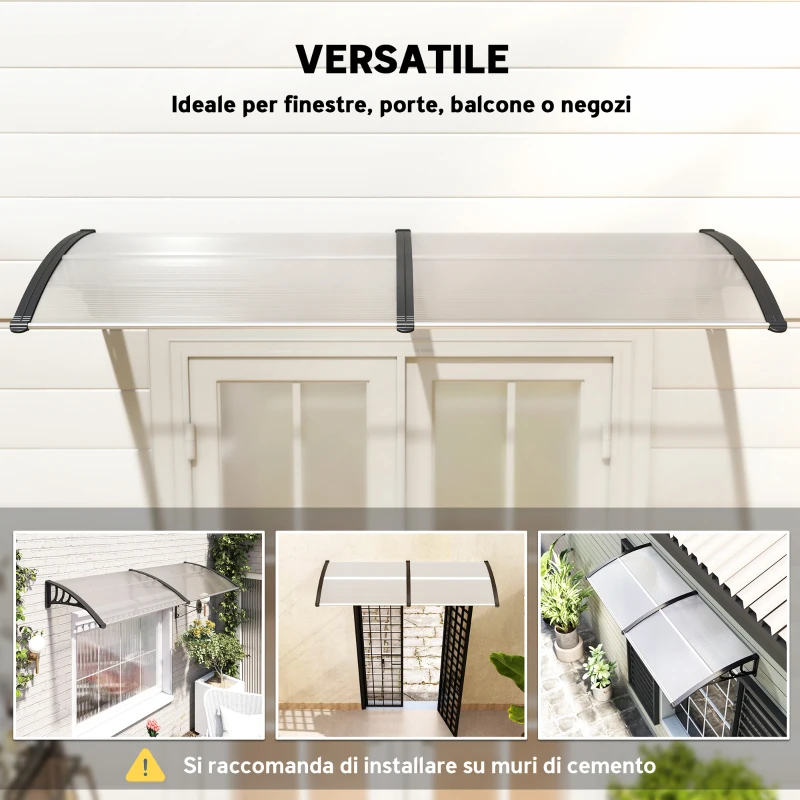 Outsunny Pensilina Tettoia da Esterno 195x75cm, Tettoia per Esterno Staffe in Policarbonato e Barre in Alluminio, per Balcone Finestre e Porte, Trasparente