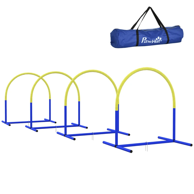 PawHut Agility-Set voor Honden, Hondentraining, 4 Bogen, voor Beginners, met Draagtas, Blauw+Geel, 88 x 64 x 95cm