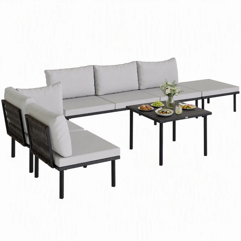 Outsunny Lounge Tuinmeubelset 5-6 Personen Tuinlounge Set met 2-zits Tuinbank, 2 Stoelen, Hoekstoel, Lamellen-tafel, Voetenbank