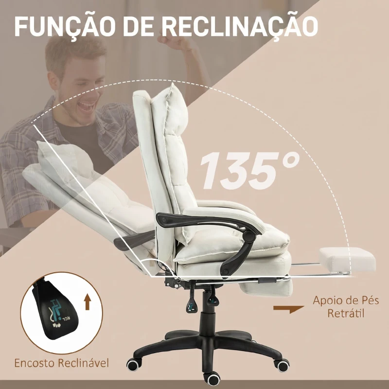 Vinsetto Cadeira de Secretária com Massagem, Altura Ajustável, Encosto Reclinável, Apoio para os Pés e Rotação 360°, Creme